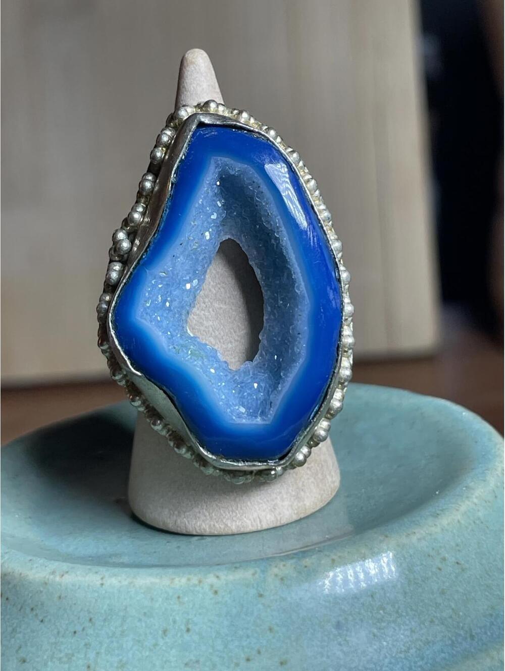 Vintage Blue Agate Silver Toned 7.5 Ring